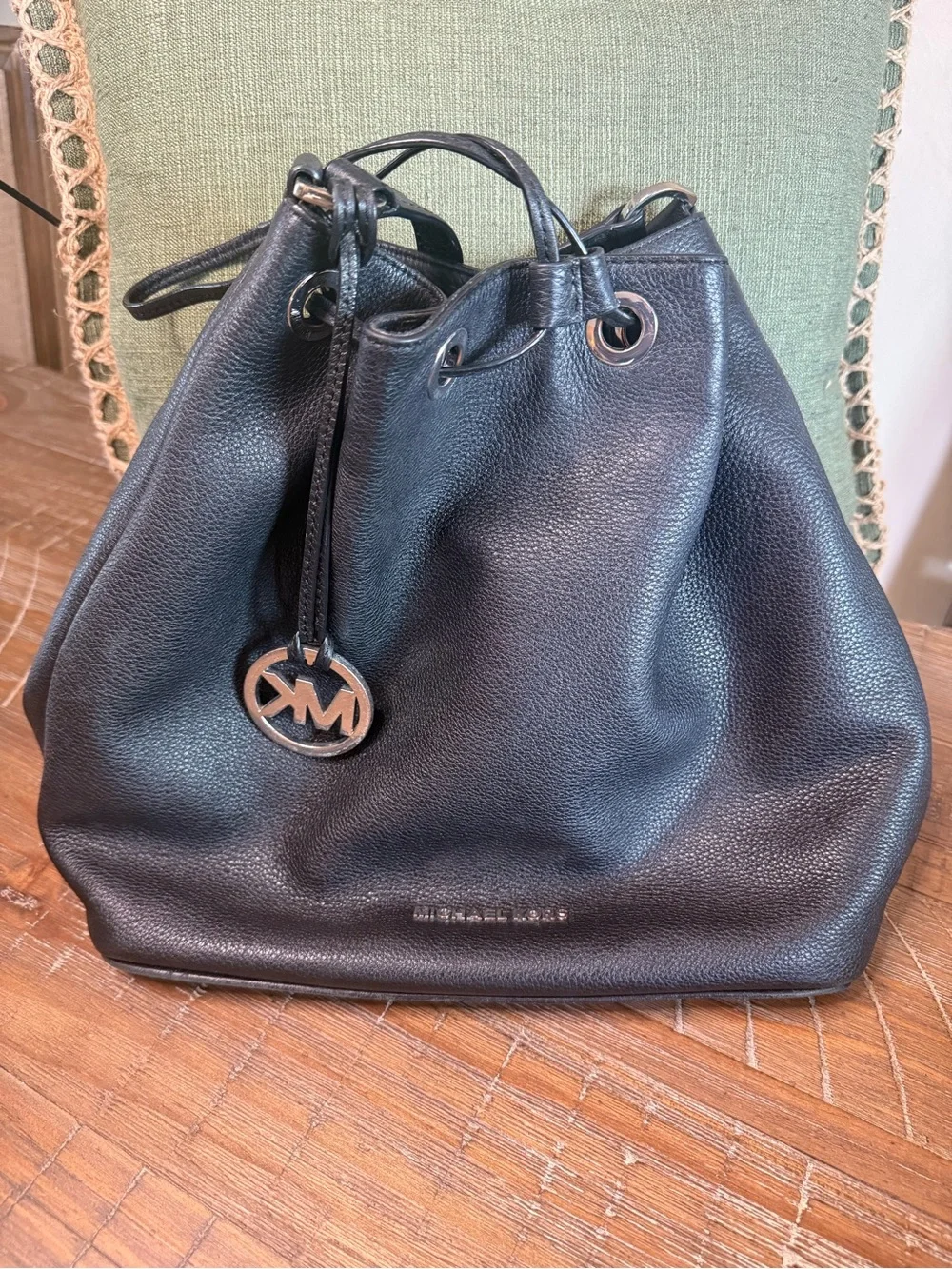 Michael Kors Jules Black Pebbled Leather Drawstring Bucket Bag Silver